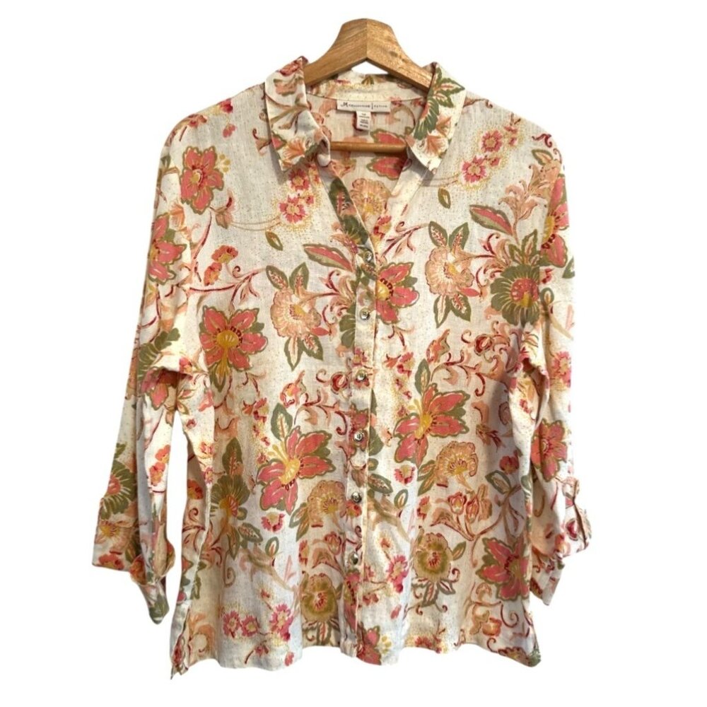 JM Collection Women's Pink Floral Long Sleeve Button Down Linen Blouse Size 16 P